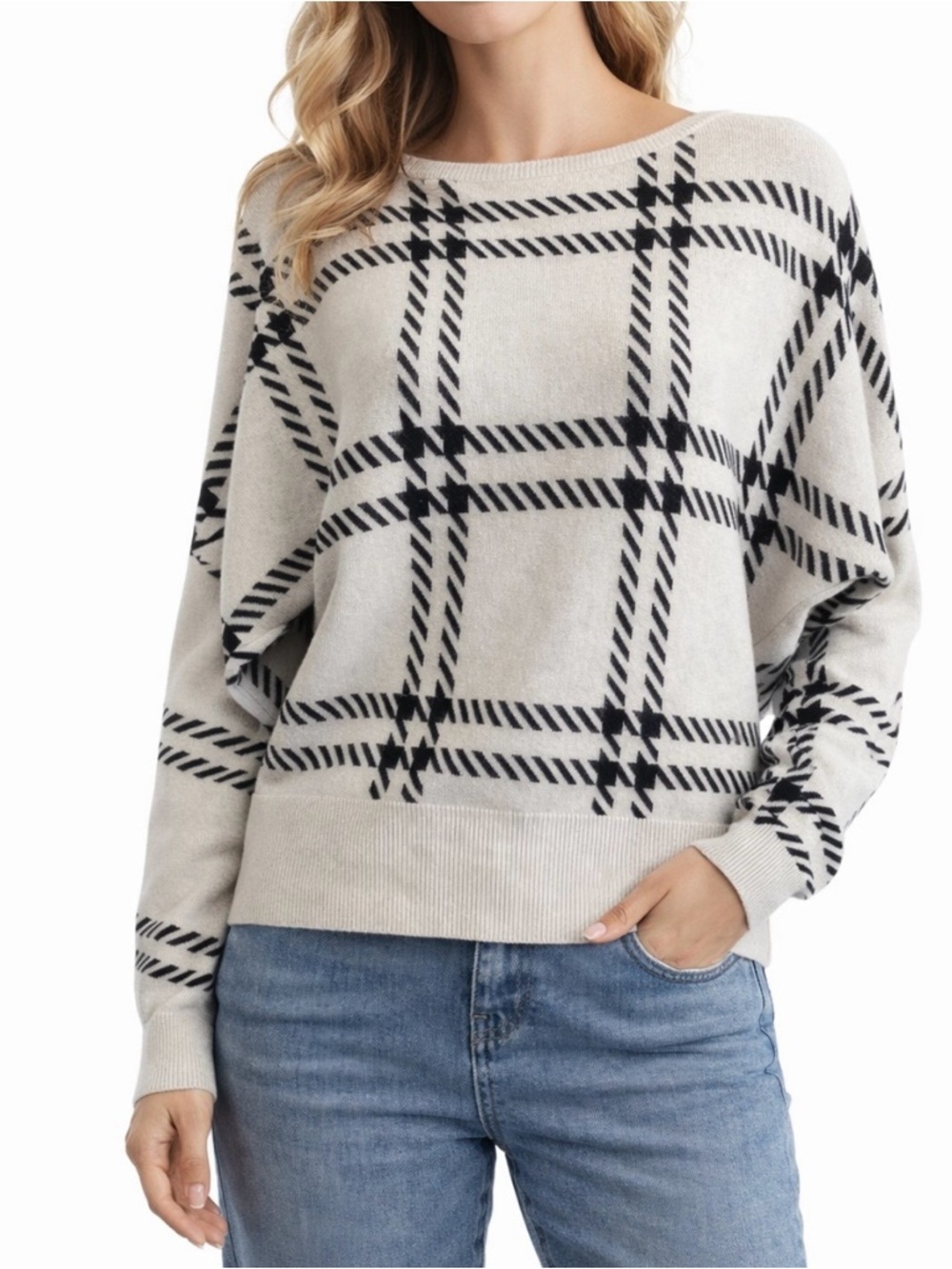 Express Plaid Sweater Cream Black Oversized Knit Dolman Sleeve - Small